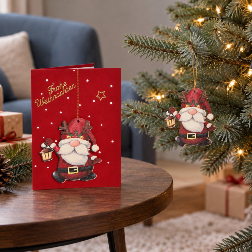 Weihnachtskarte mit Anhänger "Wichtel mit Laterne"